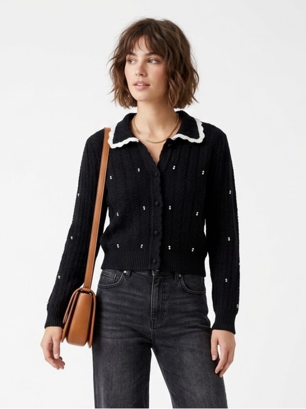 Feminine Coquette Pilgrim Collar Cardigan Scalloped Edge Herringbone Knit Retro